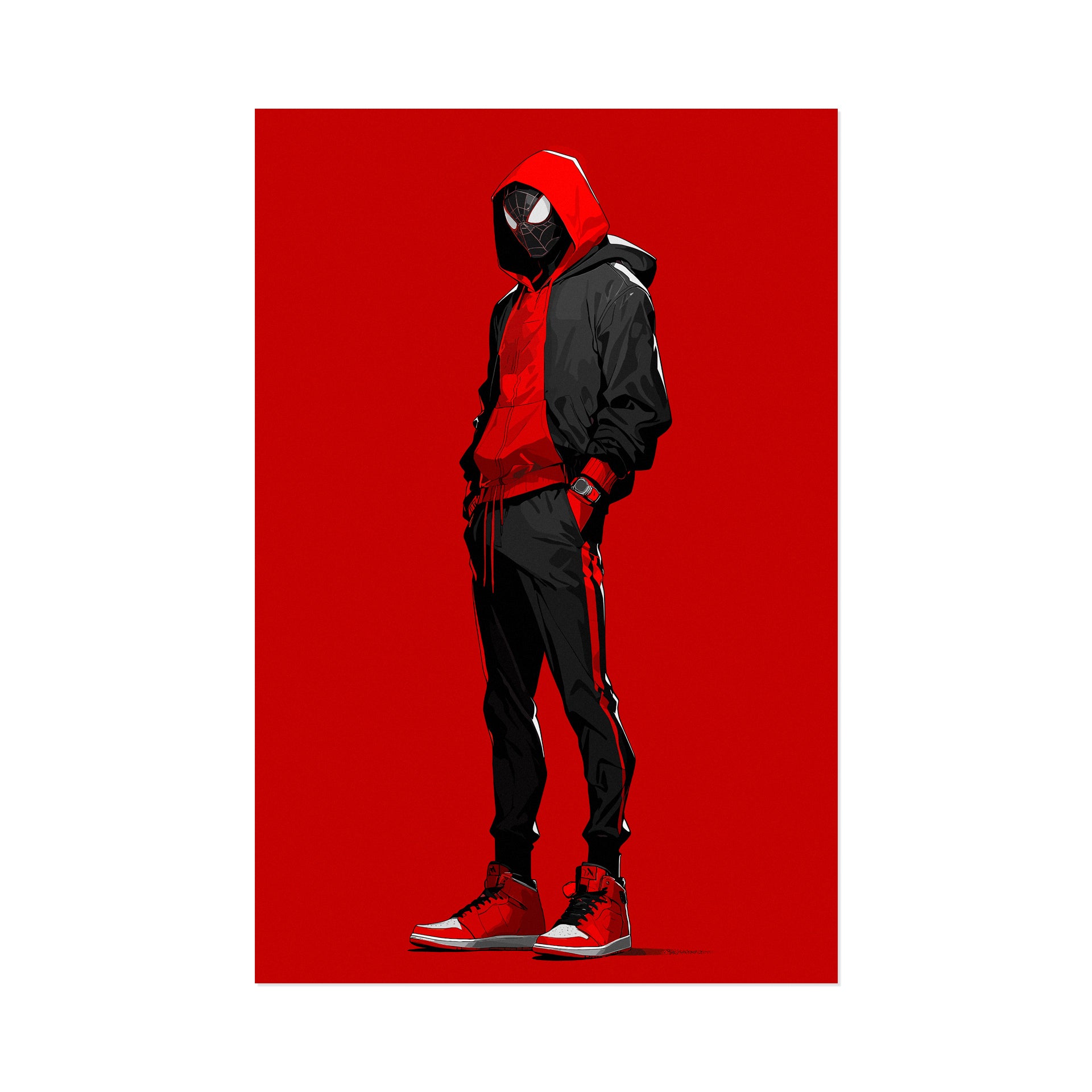 Person wearing a red and black hoodie with a spider emblem on a red background