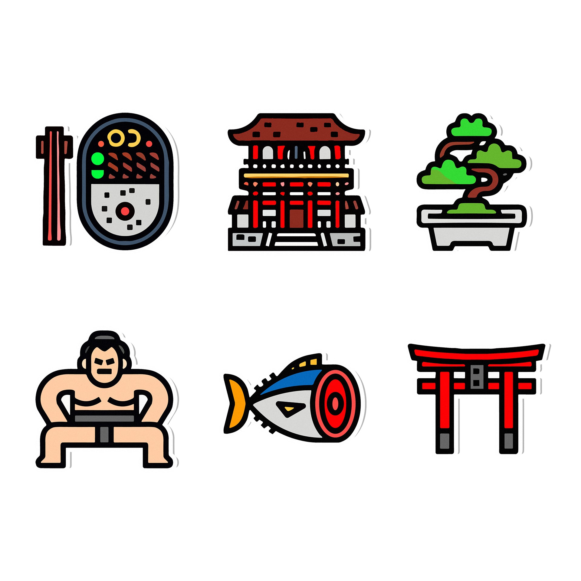 Set of icons related to Japanese culture on a white background