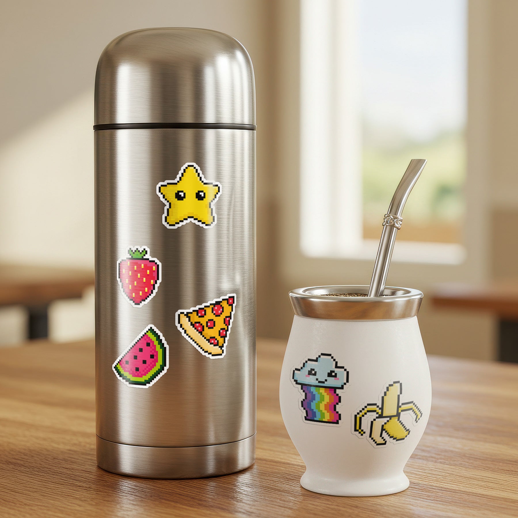 Stainless steel thermos with colorful stickers next to a white ceramic cup with rainbow design on a wooden surface.
