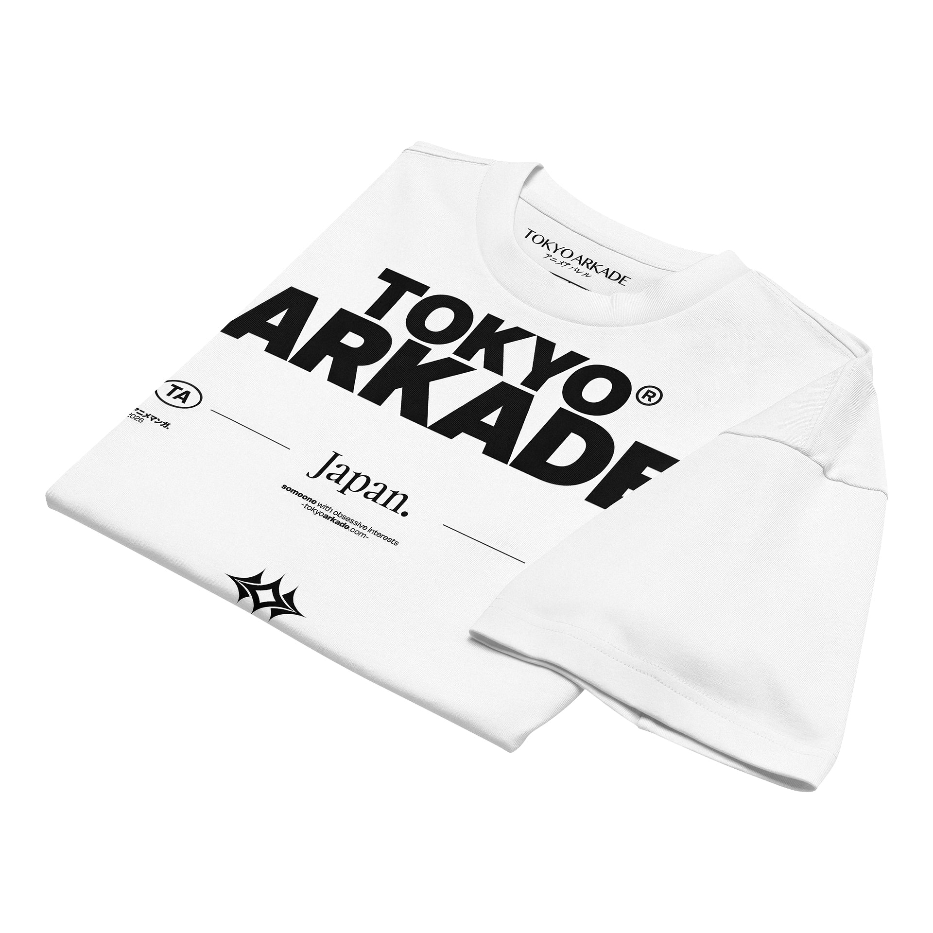 White sweatshirt with 'TOKYO ARKAD' text on a white background