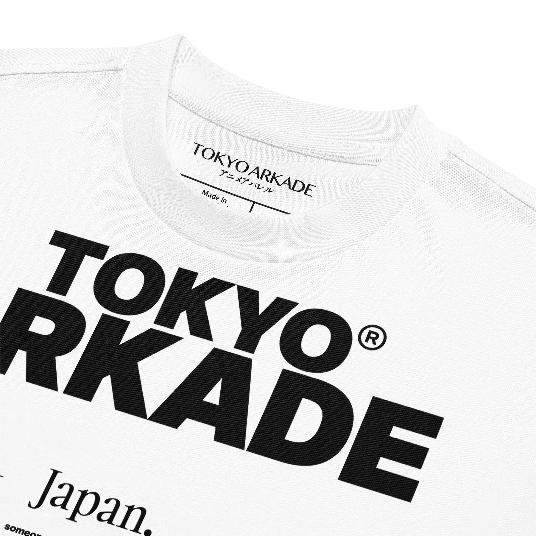White t-shirt with 'TOKYO ARKADE' branding on a white background