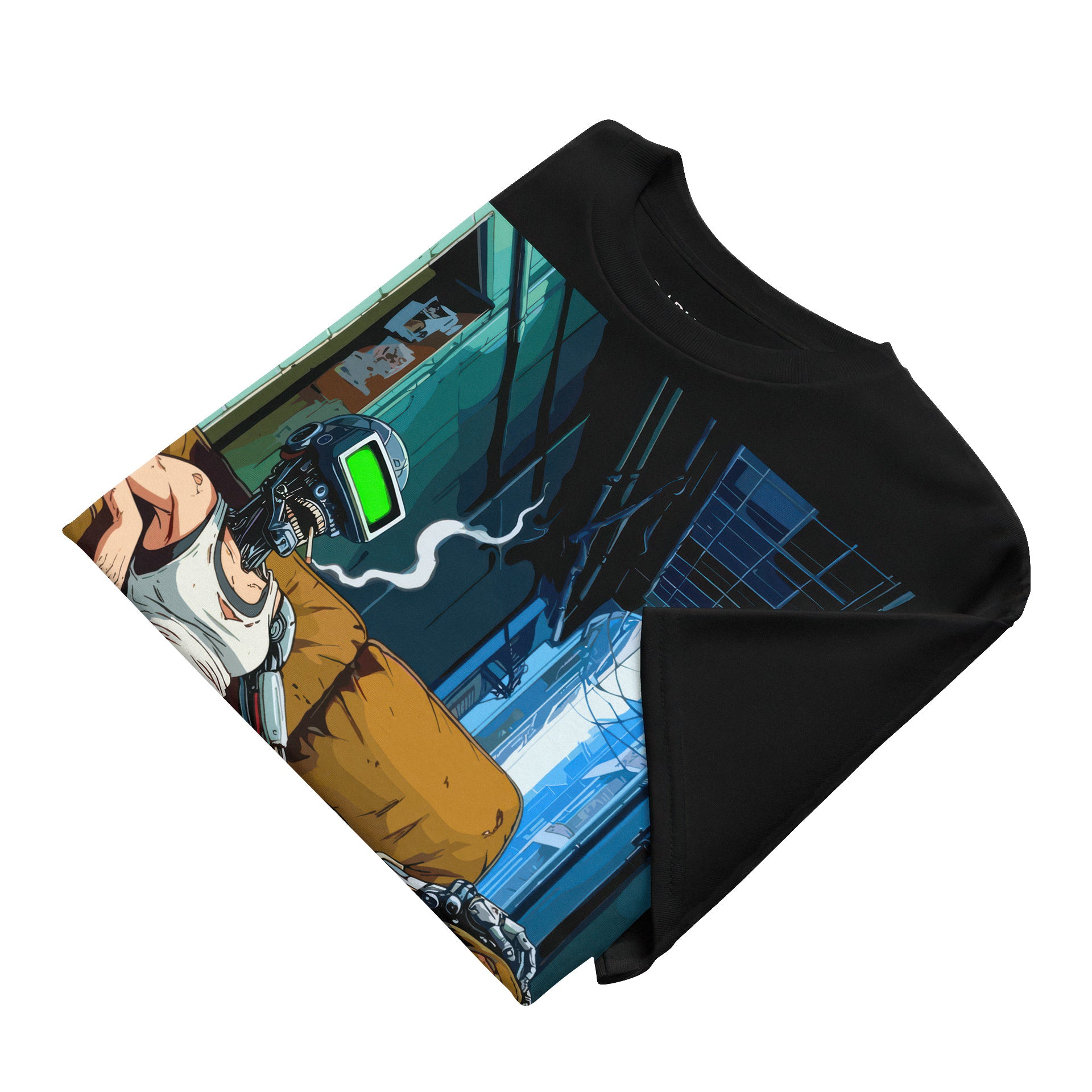 Black t-shirt with graphic design of a person holding a gun and a green light, on a white background. cyberpunk, cyberspace, neon, futuristic, mecha, hacker, dystopia, android, artificial intelligence, virtual reality, otaku, shonen, seinen, kawaii, samurai, shinobi, kaiju, mangaka, doujinshi, animecore, technomancy, pixel, glitch, hologram, avatar, metaverse, cyborg