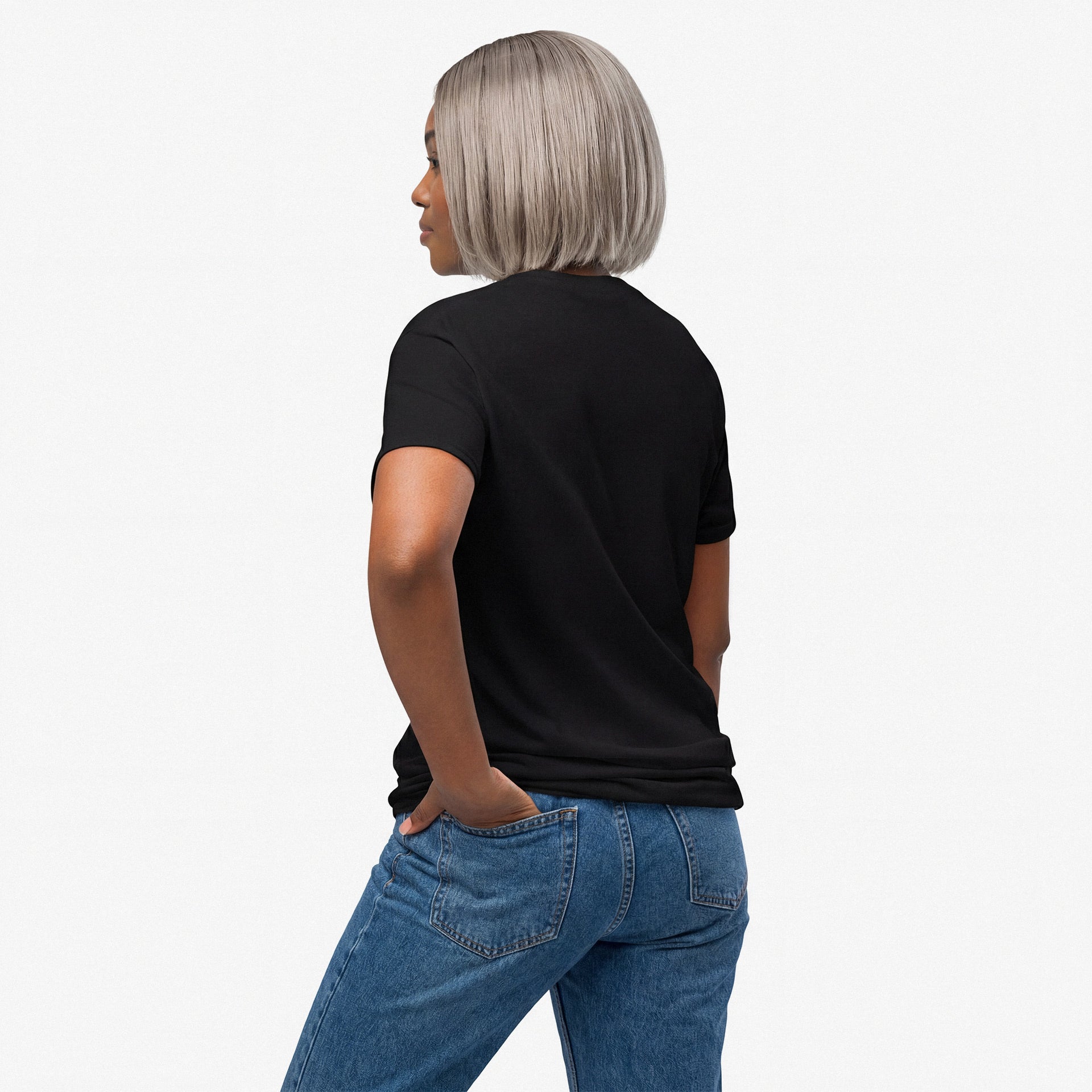 Person wearing a black t-shirt and blue jeans on a white background otaku otaku Black t-shirt with colorful graphic design on a white background Black t-shirt with an anime character design on a white background Black t-shirt with an anime character in a red outfit on a white background dragon anime manga tokyo arkade