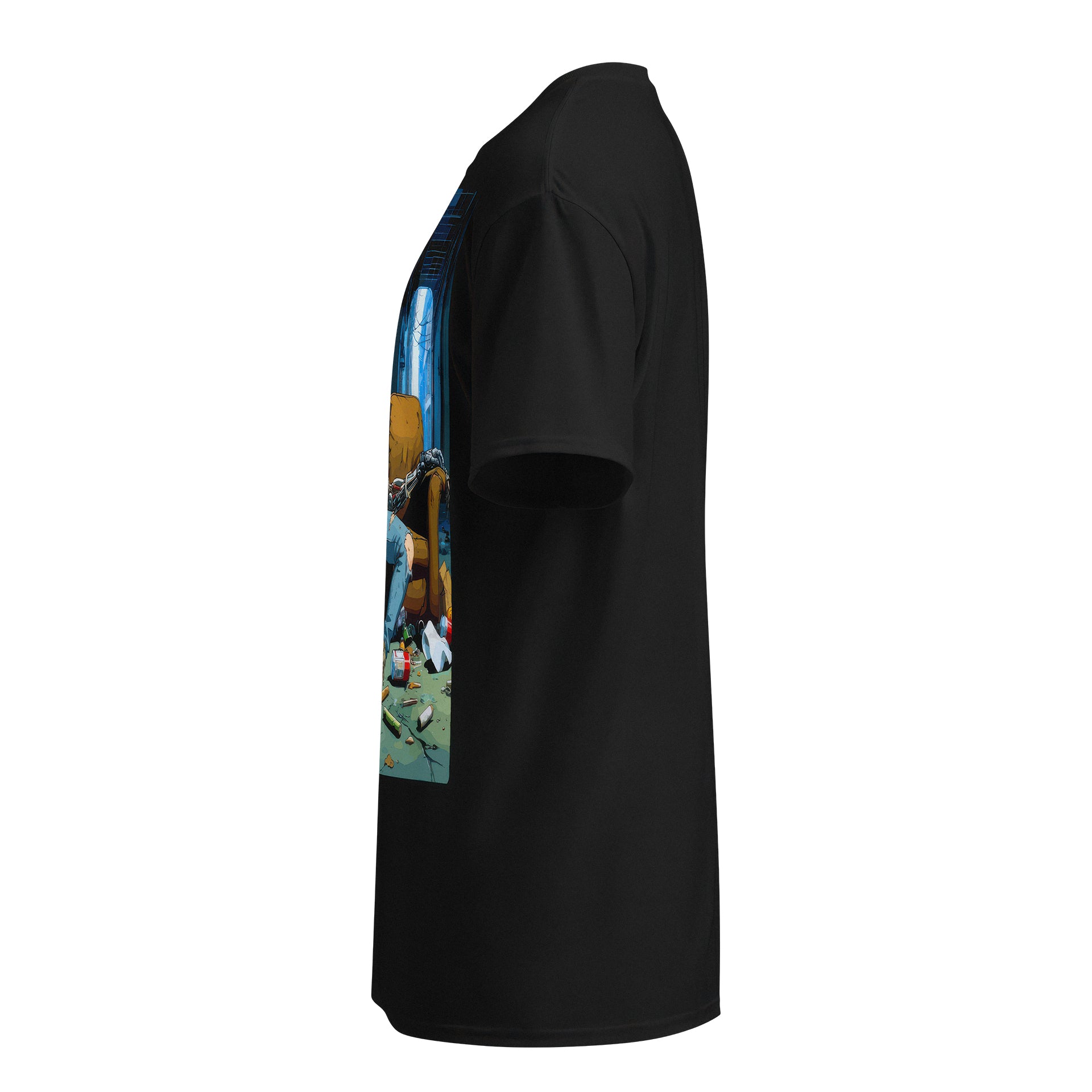 Black t-shirt with a colorful graphic on the sleeve against a white background post-apocalyptic, techno-organic, deep web, netrunner, cybernetics lab, digital consciousness, memory chip, brain upload, quantum tech, space colony, orbital city, plasma weapon, energy blade, mech warfare, battle android, sentient AI, rogue AI, simulation, alternate timeline, time travel, parallel world, anime opening, ending theme, voice actor, cosplay, fan art, character design, transformation, final form