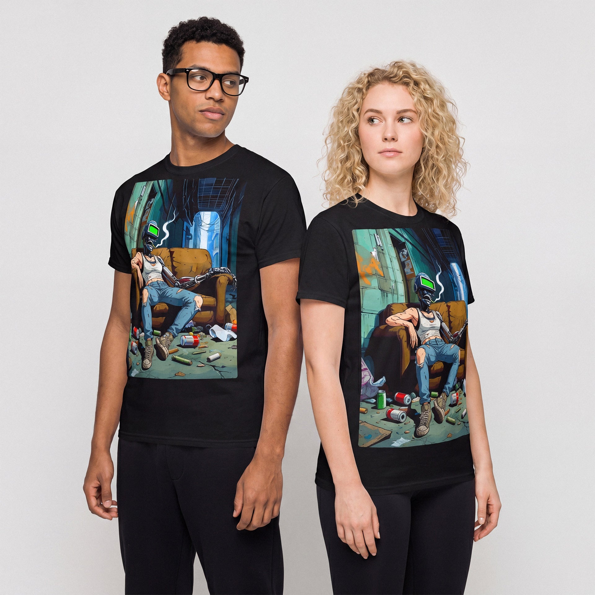 Two people wearing black t-shirts with a graphic design of a person on a couch. singularity, cyber grid, digital realm, codebreaker, firewall, encryption, data vault, nano-suit, tech noir, hyperdrive, space opera, galactic empire, alien species, interstellar, starship, pilot unit, command center, battle sequence, power system, energy core, transformation sequence, ultimate attack, spirit energy, aura, rival, protagonist, antagonist